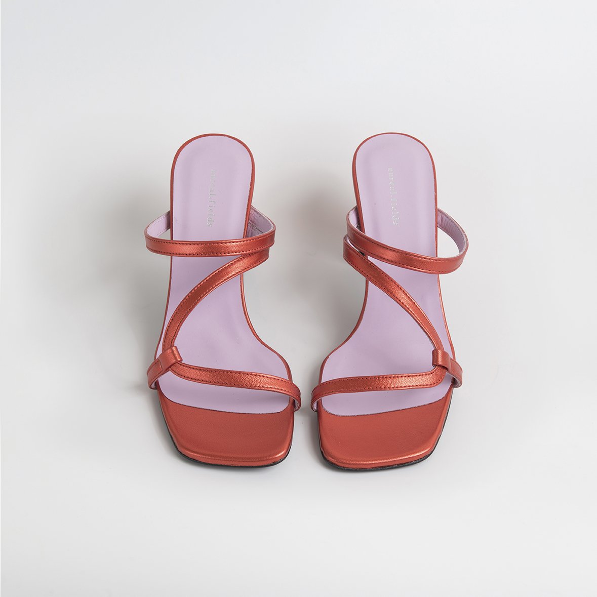 LILY Orange shoes featuring metallic leather upper, thin straps, and square cut toes, handcrafted in Portugal.